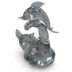 Vintage Murano MCM Clear Hand Blown Glass Dolphins Fish Waves Sculpture Heavy